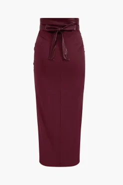 MICAS Skirts-Faux Leather Patchwork Ruched Skirt