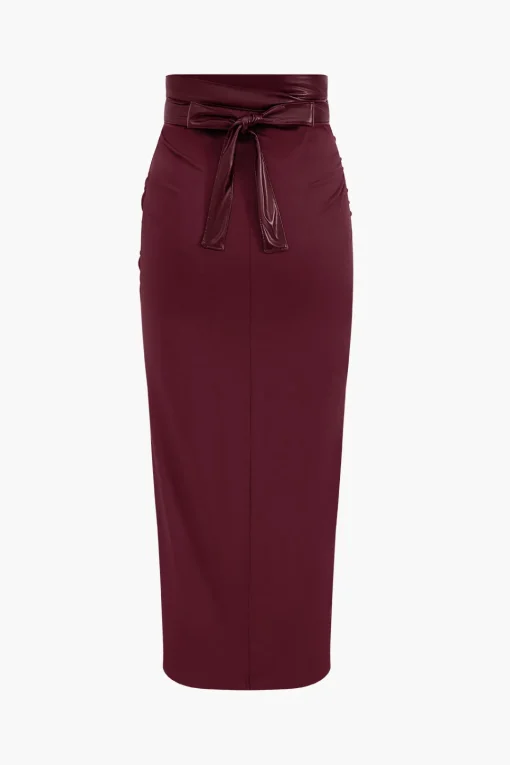 MICAS Skirts-Faux Leather Patchwork Ruched Skirt