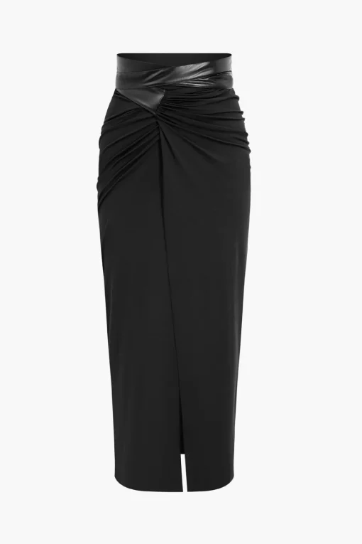 MICAS Skirts-Faux Leather Patchwork Ruched Skirt