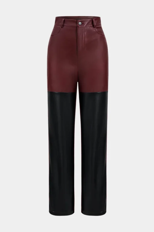 MICAS Pants-Faux Leather Patchwork Trousers Contrast Color