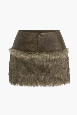 MICAS Skirts-Faux Leather Patchwork Zipper Skirt BROWN