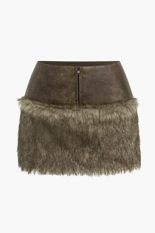 MICAS Skirts-Faux Leather Patchwork Zipper Skirt BROWN