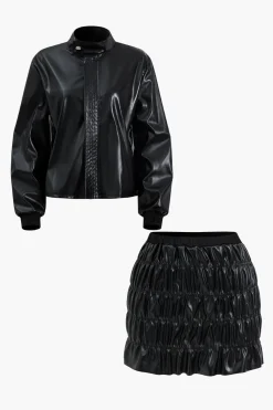 MICAS Skirt Sets-Faux Leather Ruched Detail Skirt Set BLACK
