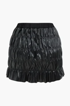 MICAS Skirt Sets-Faux Leather Ruched Detail Skirt Set BLACK