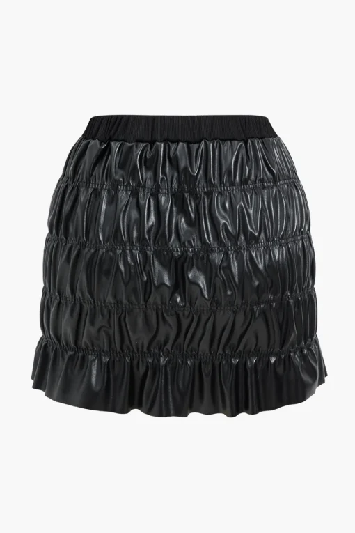 MICAS Skirt Sets-Faux Leather Ruched Detail Skirt Set BLACK