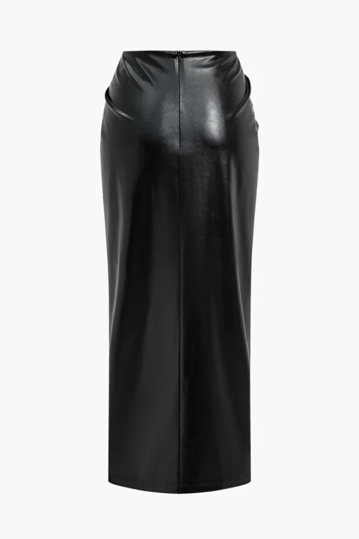 MICAS Skirts-Faux Leather Ruched Skirt BLACK