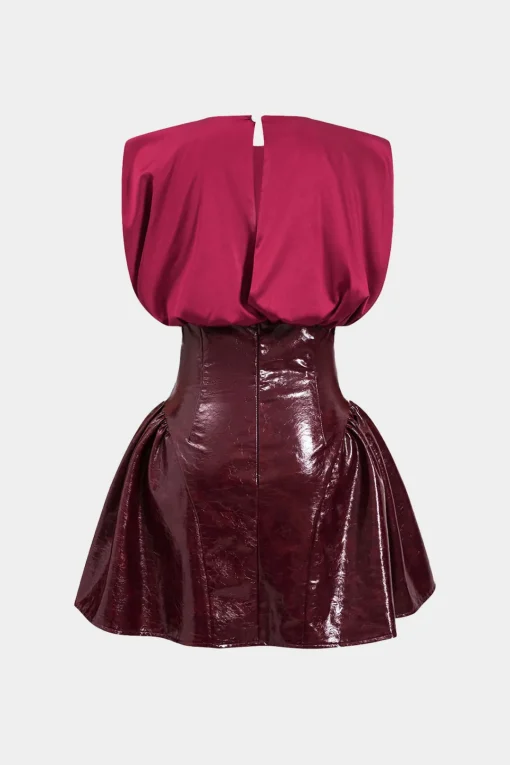 MICAS Mini Dresses-Faux Leather Satin Sleeveless Mini Dress BURGUNDY