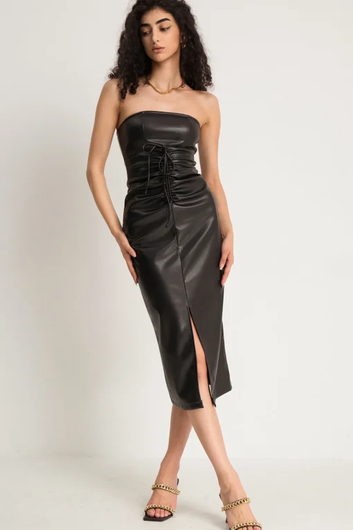 MICAS Midi Dresses-Faux Leather Strapless Drawstring Split Midi Dress BLACK