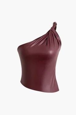 MICAS Tank Tops & Cami-Faux Leather Twist One-Shoulder Tank Top BURGUNDY