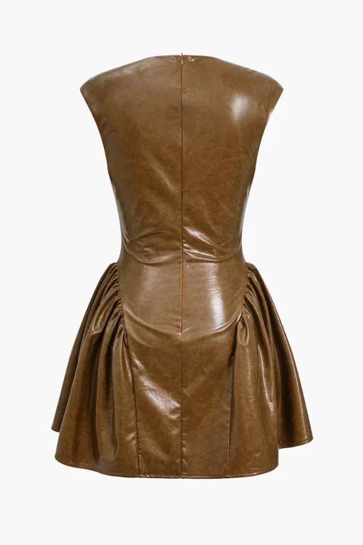 MICAS Mini Dresses-Faux Leather V-neck Ruched Mini Dress