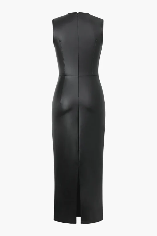 MICAS Midi Dresses-Faux Leather Wrap Sleeveless Ruched Slit Midi Dress