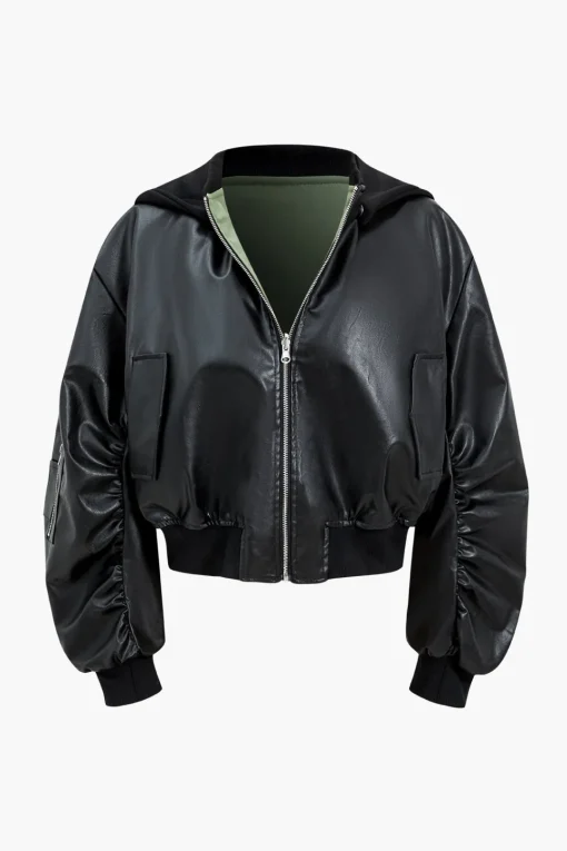 MICAS Outerwear|Outerwear-Faux Leather Zipper Hooded Pocket Long-Sleeve Jacket BLACK