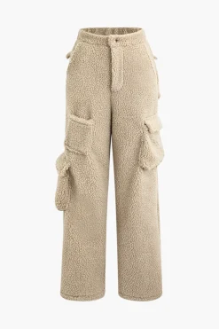 MICAS Pant Sets-Fleece Collar Flap Pocket Zip Up Long Sleeve Top And Straight Leg Cargo Pants Set