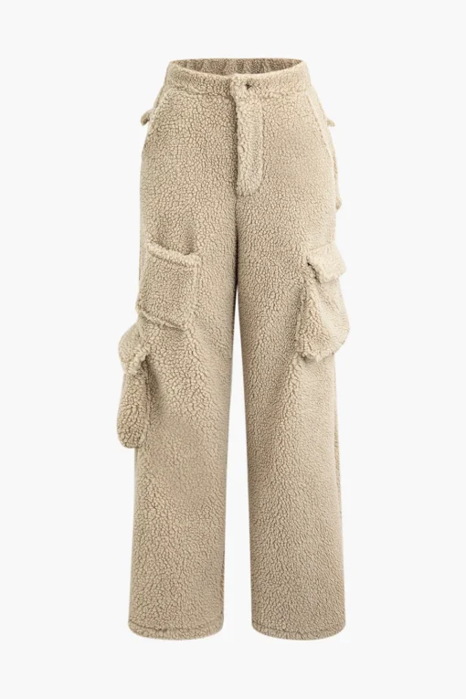 MICAS Pant Sets-Fleece Collar Flap Pocket Zip Up Long Sleeve Top And Straight Leg Cargo Pants Set
