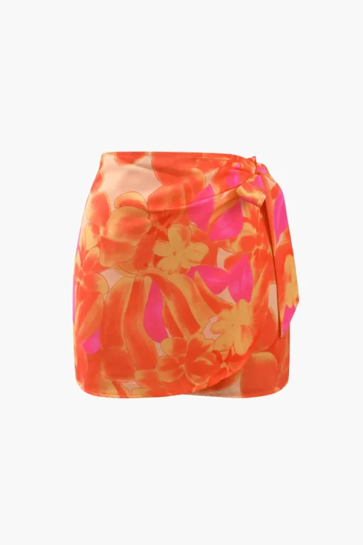 MICAS Skirts-Floral Knot Side Wrap Mini Skirt ORANGE