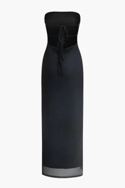 MICAS Maxi Dresses-Floral Print Backless Tie Mesh Strapless Maxi Dress BLACK