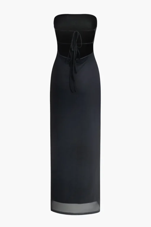 MICAS Maxi Dresses-Floral Print Backless Tie Mesh Strapless Maxi Dress BLACK