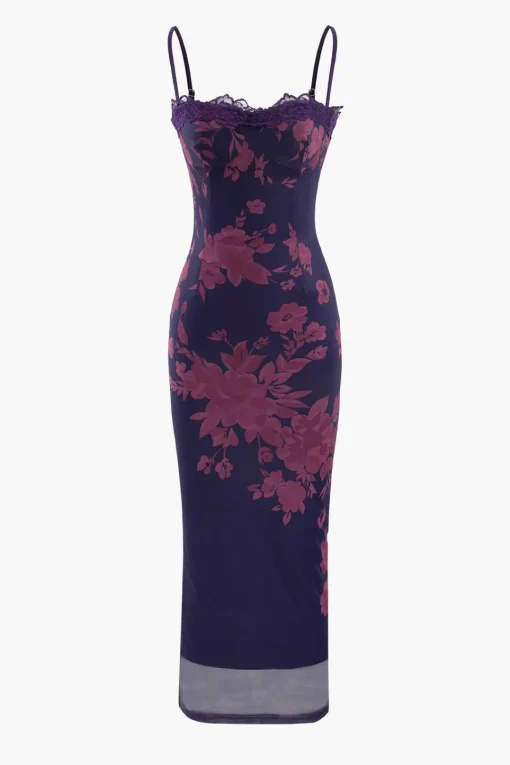 MICAS Maxi Dresses-Floral Print Lace Trim Slit Maxi Dress PLUM