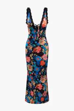 MICAS Maxi Dresses-Floral Print Lace Trim V-neck Maxi Dress MULTICOLOR