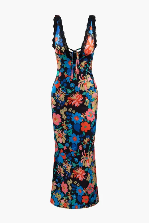 MICAS Maxi Dresses-Floral Print Lace Trim V-neck Maxi Dress MULTICOLOR