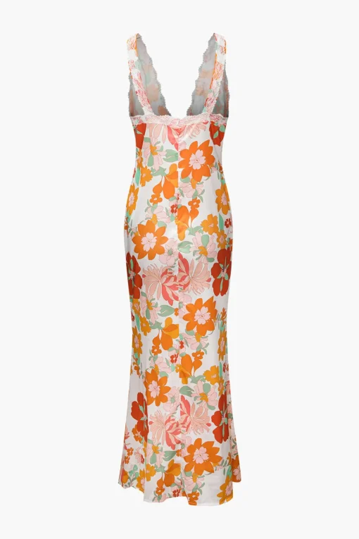 MICAS Maxi Dresses-Floral Print Lace Trim V-neck Maxi Dress MULTICOLOR