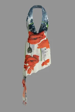 MICAS Mini Dresses-Floral Print Ruffle Backless V-neck Halter Mini Dress Contrast Color