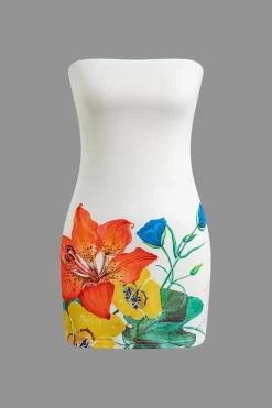 MICAS Mini Dresses-Floral Print Strapless Mini Dress WHITE