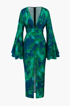 MICAS Long Sleeve Dresses|Maxi Dresses-Floral Print V-neck Slit Maxi Dress GREEN