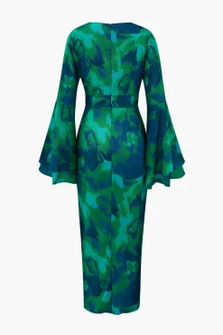 MICAS Long Sleeve Dresses|Maxi Dresses-Floral Print V-neck Slit Maxi Dress GREEN