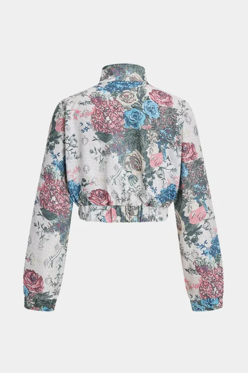 MICAS Pant Sets-Floral Print Zipper Stand Collar Top And Trousers Set BEIGE
