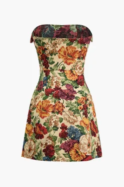 MICAS Mini Dresses-Floral Print Zipper Strapless Mini Dress MULTICOLOR