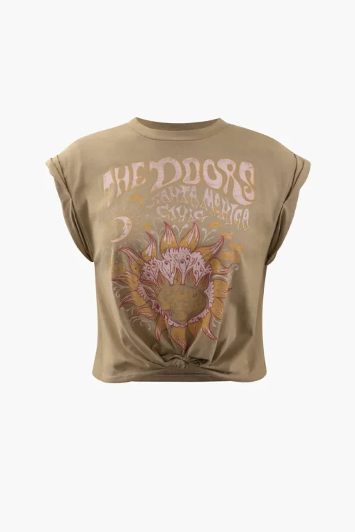 MICAS T-Shirts-Flower Print Hem Knotted Short Sleeve T-Shirt
