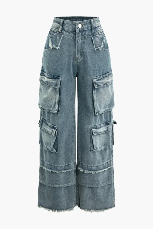 MICAS Cargo Pants|Jeans-Frayed Pocket Cargo Wide Leg Jeans MID WASH BLUE