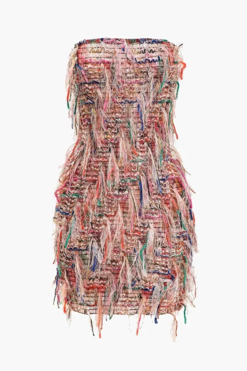 MICAS Mini Dresses-Fringe Mesh Strapless Mini Dress DUSTY PINK