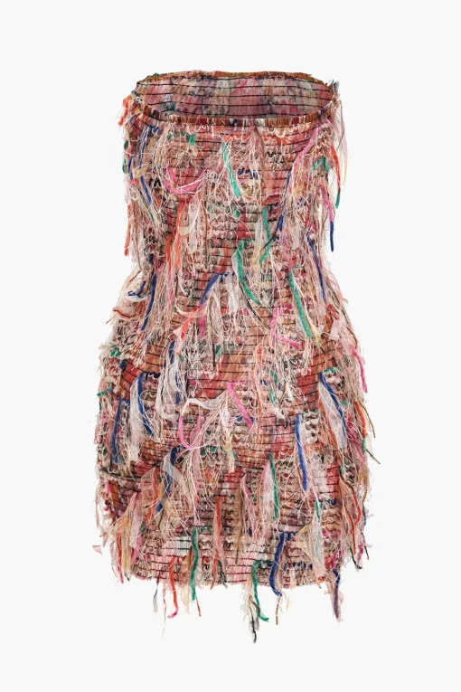 MICAS Mini Dresses-Fringe Mesh Strapless Mini Dress DUSTY PINK