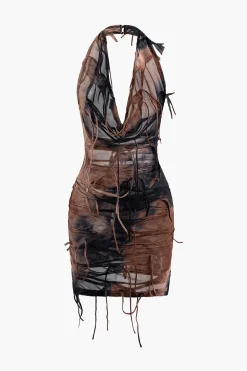 MICAS Mini Dresses-Halter Backless Distressed Mini Dress