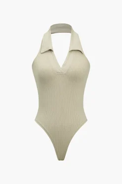 MICAS Bodysuits-Halter Backless Polo Collar Bodysuit BEIGE