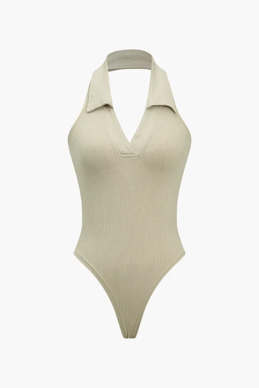 MICAS Bodysuits-Halter Backless Polo Collar Bodysuit BEIGE