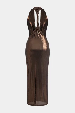 MICAS Maxi Dresses-Halter Cowl Neck Backless Twist Maxi Dress COFFEE