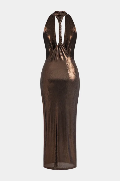 MICAS Maxi Dresses-Halter Cowl Neck Backless Twist Maxi Dress COFFEE