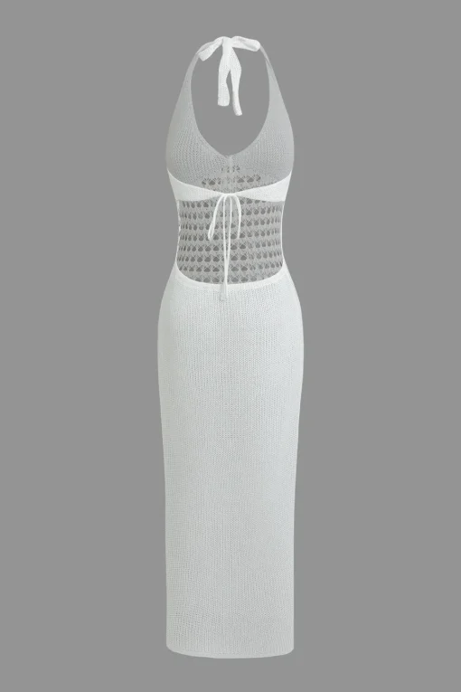 MICAS Knit Dresses-Halter Neck Backless Crochet Knit Dress WHITE