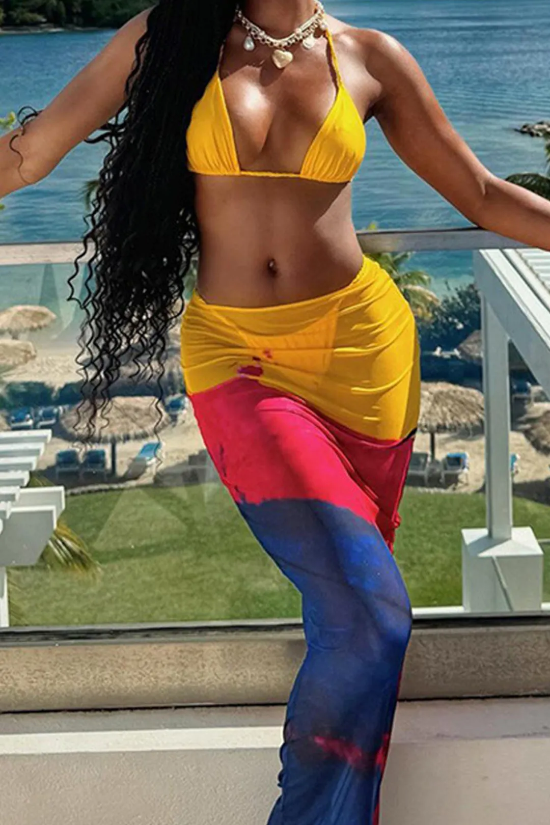 MICAS Vacation Sets|Swimwear-Halter Wrap Cover Up Three-Piece Bikini Set MULTICOLOR