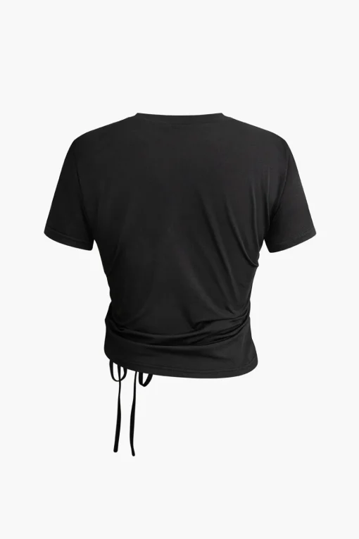 MICAS T-Shirts-Heart Rhinestone Hollow Out Drawstring Ruched T-shirt BLACK