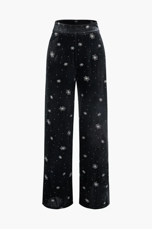 MICAS Pants-High Waist Velvet Snowflake Pattern Straight Leg Pants BLACK