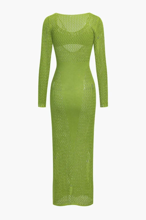 MICAS Long Sleeve Dresses|Knit Sets-Hollow Out Long Sleeve Knit Maxi Dress With Bra Set