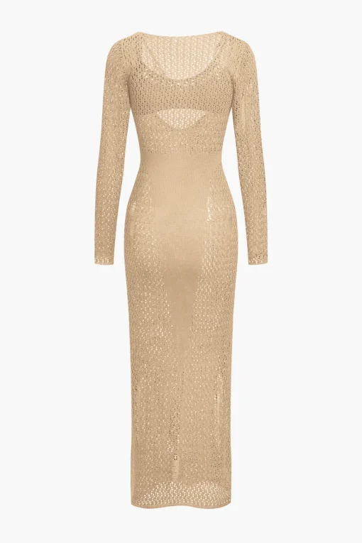 MICAS Long Sleeve Dresses|Knit Sets-Hollow Out Long Sleeve Knit Maxi Dress With Bra Set