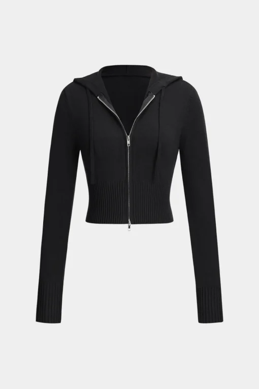 MICAS Pant Sets-Hooded Zipper Long Sleeve Top And Trousers Set BLACK