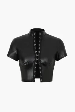 MICAS T-Shirts-Hook And Eye Faux Leather T-Shirt BLACK