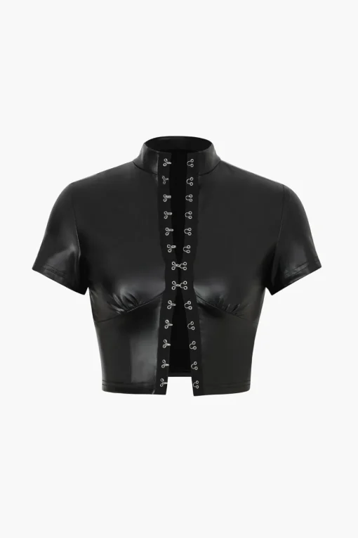 MICAS T-Shirts-Hook And Eye Faux Leather T-Shirt BLACK
