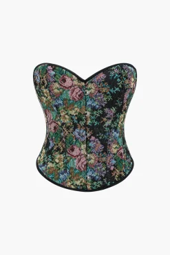 MICAS Tube Tops|Corset & Bustier Tops-Jacquard Corset Waist Contrast Binding Ribbon Tube Top BLACK